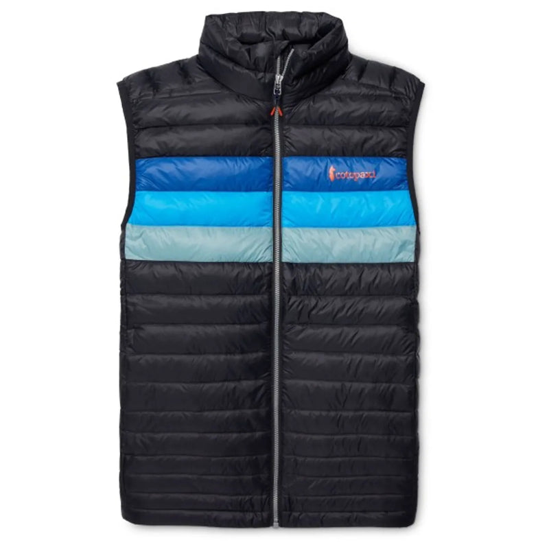 Load image into Gallery viewer, Black cotopaxi puffer vest with blue and gray striped design on a white background
