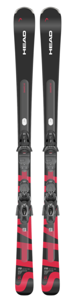Two pairs of black and red skis with bindings on a white background