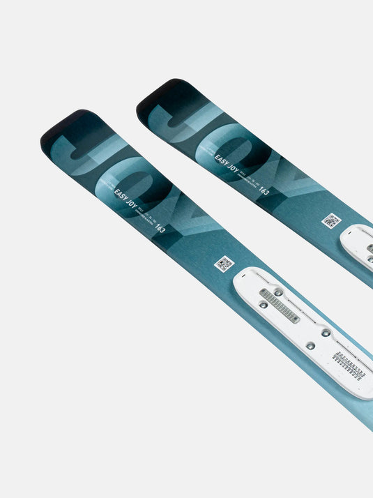 Pair of skis with branding on a white background