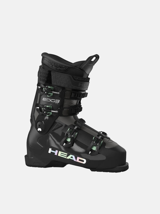 Black ski boot with visible 'HEAD' branding on a gray background