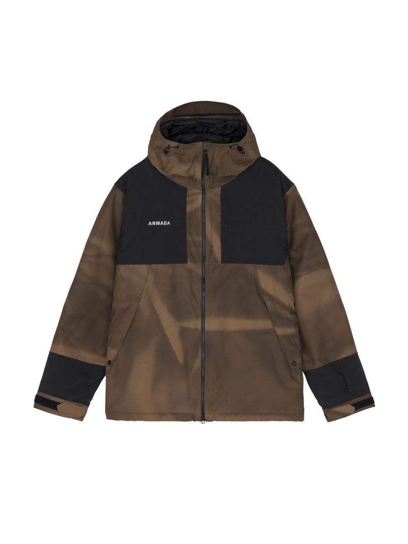 Load image into Gallery viewer, A hooded outdoor jacket in a brown and black camouflage pattern, featuring solid black panels on the upper chest and sleeves, with the brand name Armada. Ski and Tennis Station
