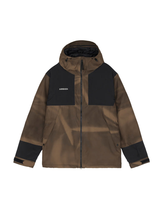 A hooded outdoor jacket in a brown and black camouflage pattern, featuring solid black panels on the upper chest and sleeves, with the brand name Armada. Ski and Tennis Station