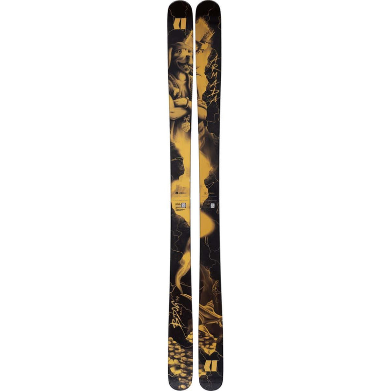 Load image into Gallery viewer, A pair of Armada Bdog 94 alpine skis with a black and gold graphic design featuring a stylized portrait, shown vertically against a plain white background. Ski and Tennis Station
