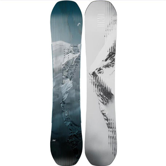 Front and back views of a Head Rush 2.0 unisex snowboard. The front side features a dark teal and black mountain graphic, while the back side is white with a black graphic. Ski and Tennis Station.