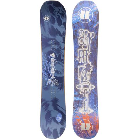Two views of an Armada Cold Press women's snowboard side-by-side against a white background, showing the blue and black camber pattern on the base and the blue, purple, and orange graphic on the top graphic. Ski and Tennis Station.