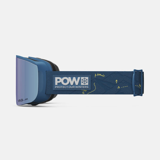 Blue ski goggles with POW logo on a white background