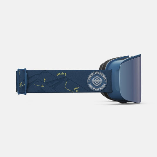 Blue ski goggles with a logo on a light gray background