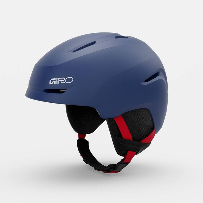 Blue helmet with black and red straps on a light gray background