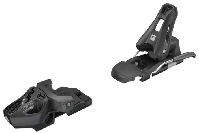 Two black ski bindings on a white background