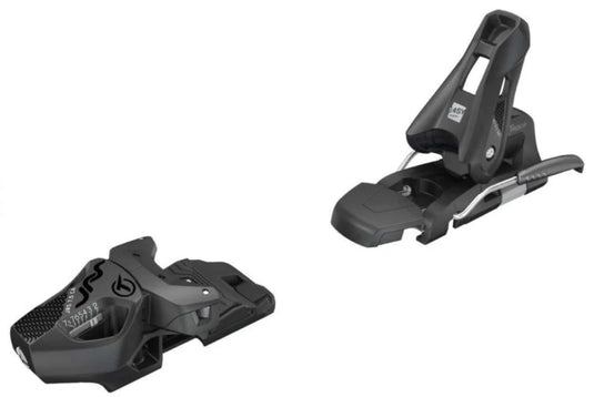 Two black ski bindings on a white background