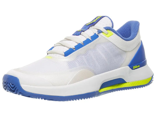 White and blue athletic shoe with green accents on a white background