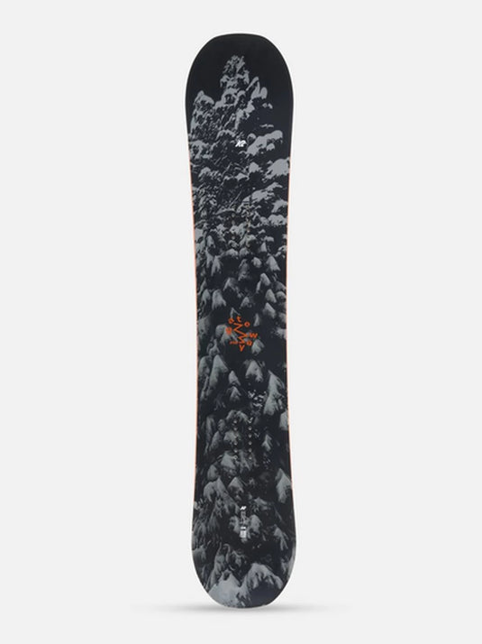 A K2 Gateway Pop snowboard shown from the top side, featuring a dark black background with a detailed graphic of snow-covered pine trees in white and gray, accented with a small orange logo in the center.