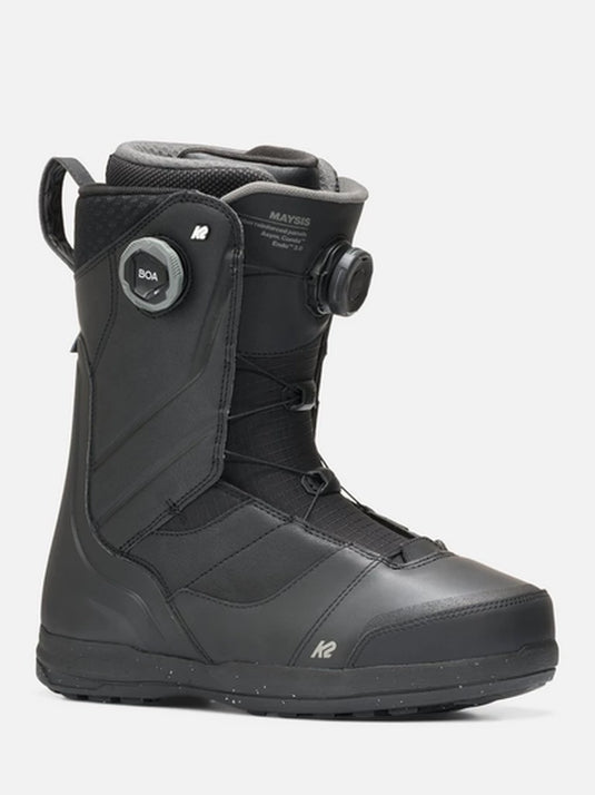 A black K2 snowboard boot with a dial closure system, shown from a three-quarters angle against a light gray background.