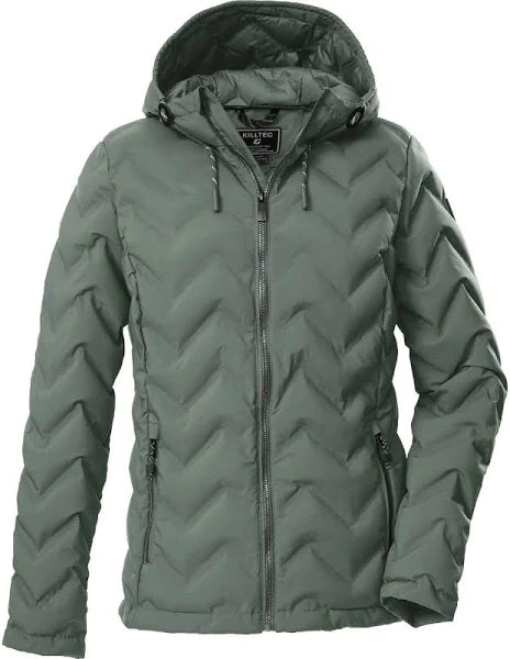 Green quilted jacket with a hood on a white background
