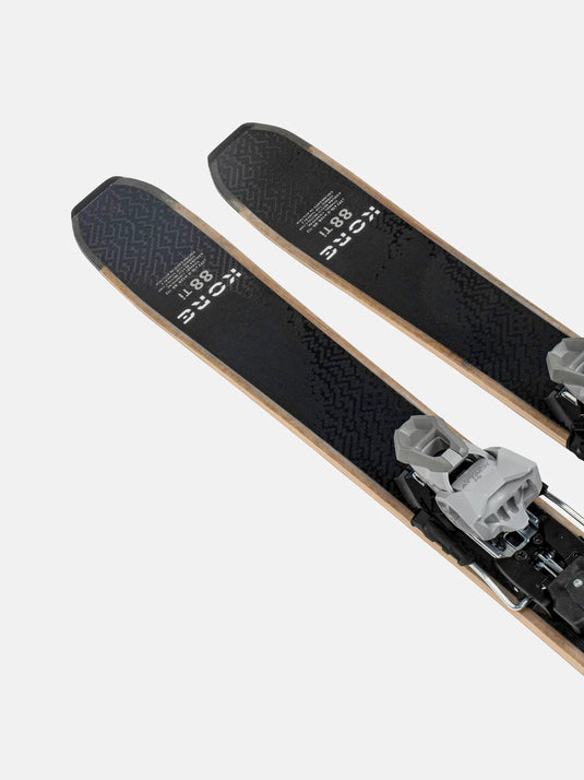 Pair of skis with bindings on a white background