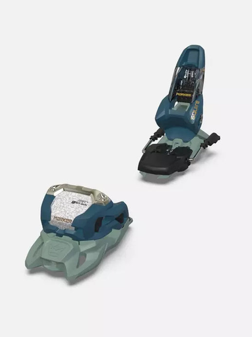 Marker Squire 11 GW ski bindings in teal and light green displayed against a white background, showcasing the front and side views.