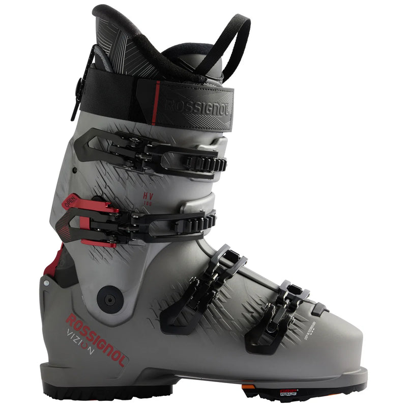 Load image into Gallery viewer, A Rossignol Vizion ski boot in gray and black with red accents, shown from a side profile on a white background.
