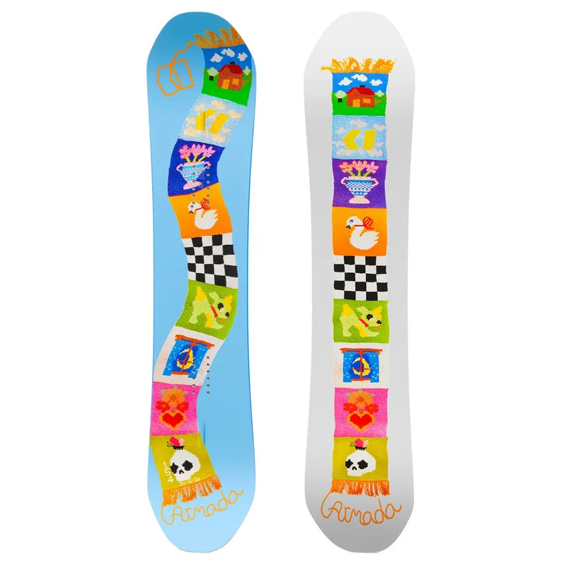 Load image into Gallery viewer, Do-si-do women's snowboard shown upright against a white background,  decorated with a colorful illustrated patchwork design and the Armada brand name near the base. Ski and Tennis Station
