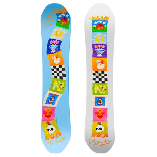 Do-si-do women's snowboard shown upright against a white background,  decorated with a colorful illustrated patchwork design and the Armada brand name near the base. Ski and Tennis Station