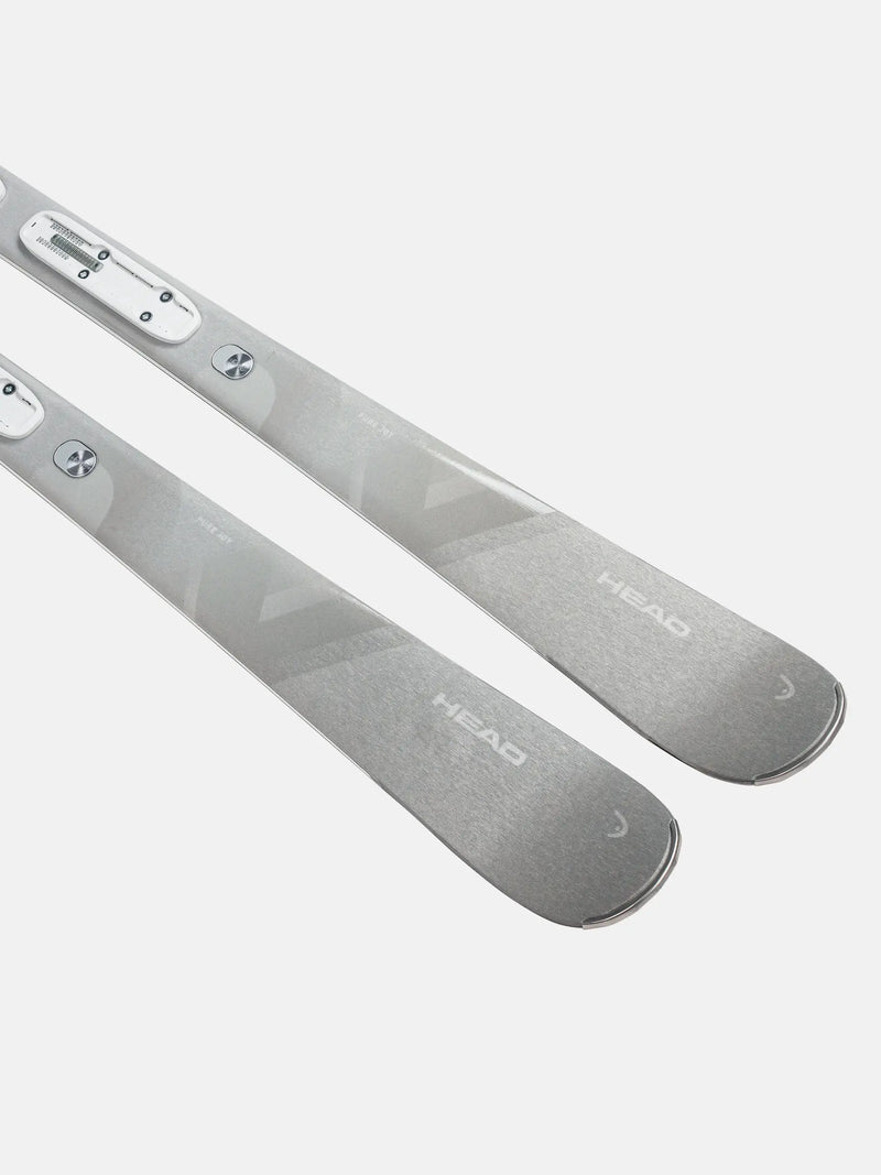 Load image into Gallery viewer, Two silver skis with &#39;HEAD&#39; branding on a white background
