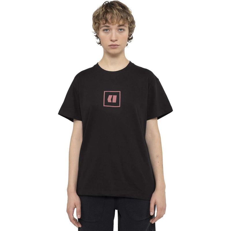 Load image into Gallery viewer, Person wearing a black Armada t-shirt with a pink logo on a white background
