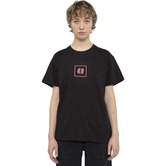 Person wearing a black Armada t-shirt with a pink logo on a white background