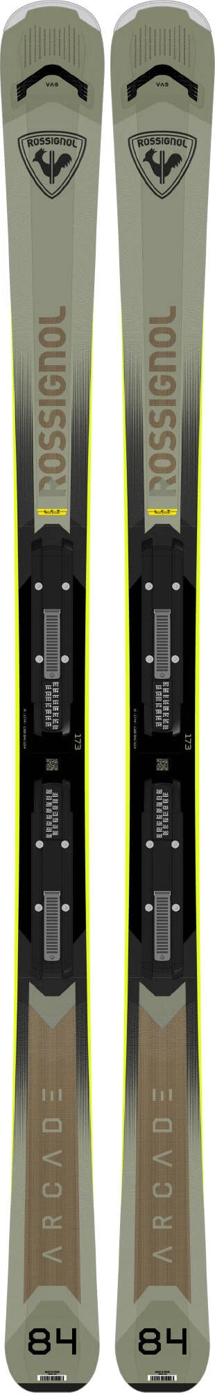 Load image into Gallery viewer, A pair of Rossignol Arcade 84 skis in a beige and black colorway, featuring the Rossignol logo and '84' printed on the shells.
