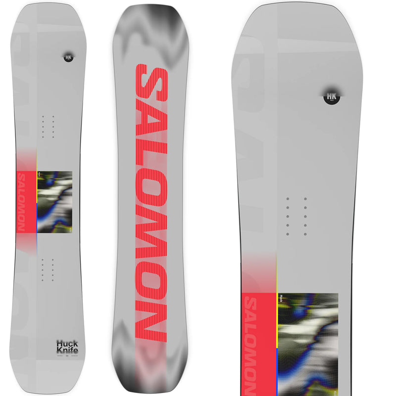 Load image into Gallery viewer, Three views of a Huck Knife Salomon snowboard on a white background, showing the base, side, and tip/mudguard with gray, red, and black graphics. Ski &amp; Tennis Station
