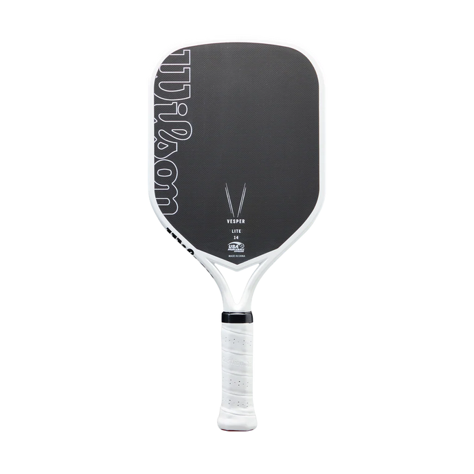 Pickleball paddle with black and white design on a white background