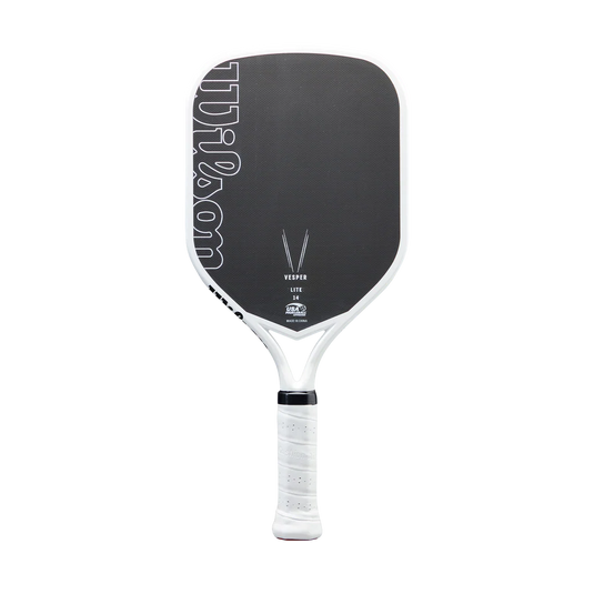 Pickleball paddle with black and white design on a white background
