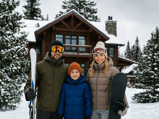 Family of three with ski equipment in front of a wooden cabin in the snow.
