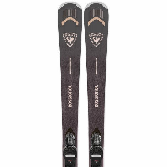 A pair of Rossignol ski tips with bindings attached, shown vertically against a plain white background.