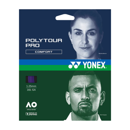 Yonex Polytour Pro tennis string packaging with images of players and brand logo.